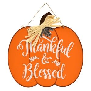 NWT Decorative Hanging Pumpkins with Raffia Glitter letters and Metal Leaves